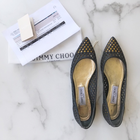 AUTHENTIC Jimmy Choo Black Gianna Pointed Toe Flats Size 38 - Picture 2 of 8